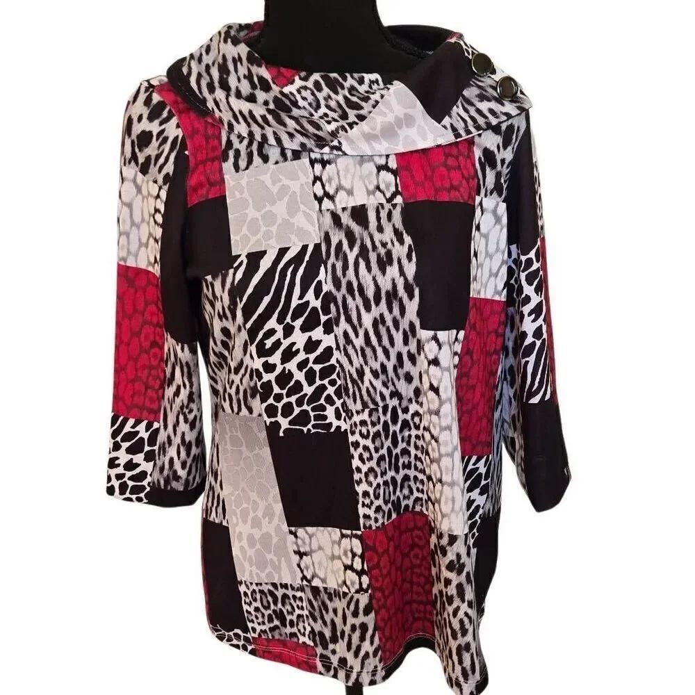 Allison Daley Womens Black Red Cowl Neck Pullover Tunic Top Size Small